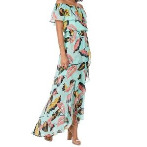 Express Teal Tropical print Off-Shoulder High Low‎ Fit Flare Lined Dress Size S